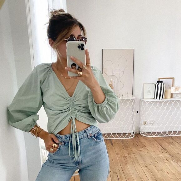 Mango Cotton Poplin Blouse Ruched Green New - Picture 1 of 8